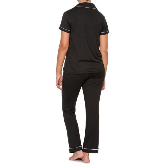 BORN Black White Button DownβNotched Collar Short Sleeve Long Pants Pajama Set - Picture 2 of 12